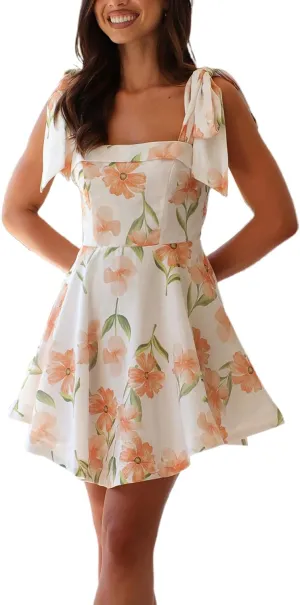 Women Tie Shoulder Mini Dress Boho Floral Babydoll Dress Square Neck Ruffle A Line Flowy Summer Beach Sundress