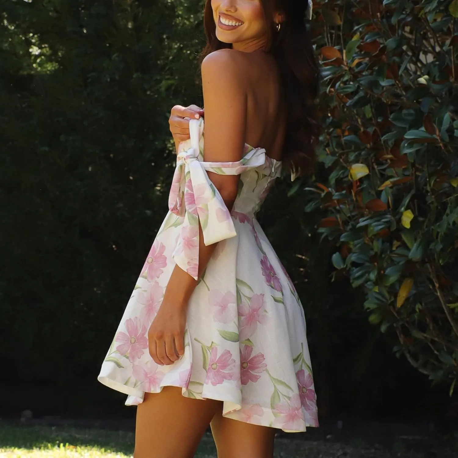 Women Tie Shoulder Mini Dress Boho Floral Babydoll Dress Square Neck Ruffle A Line Flowy Summer Beach Sundress