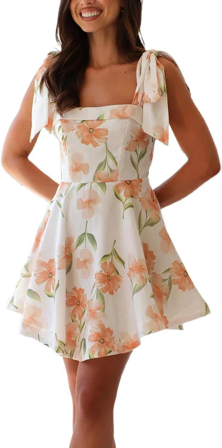 Women Tie Shoulder Mini Dress Boho Floral Babydoll Dress Square Neck Ruffle A Line Flowy Summer Beach Sundress