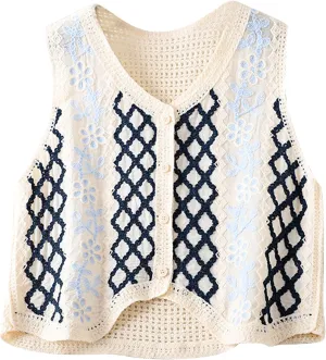 Women Vest, Women Crochet Knit Diamond Sweater Vest Button Up Crop Cardigan Waistcoat