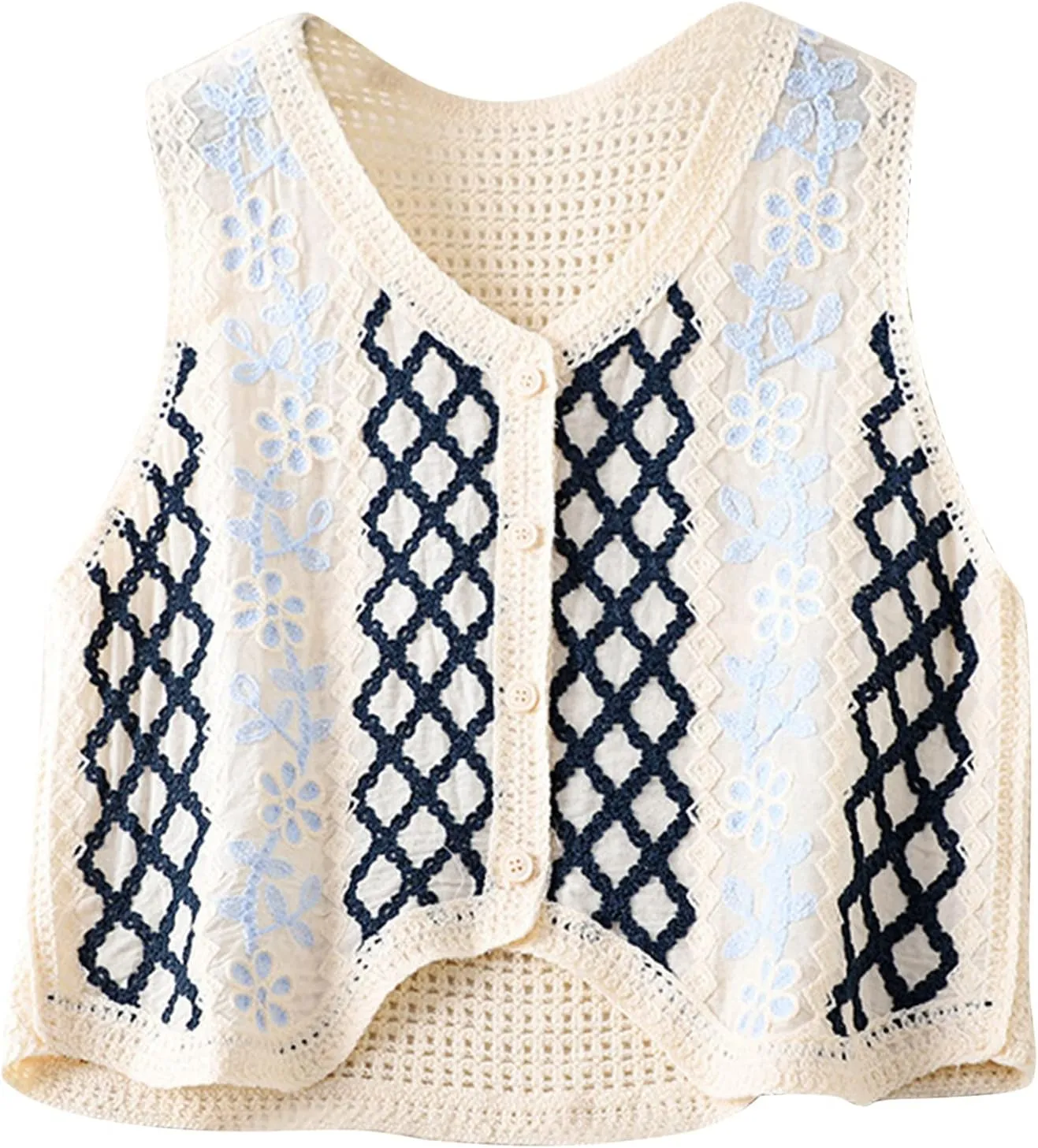 Women Vest, Women Crochet Knit Diamond Sweater Vest Button Up Crop Cardigan Waistcoat