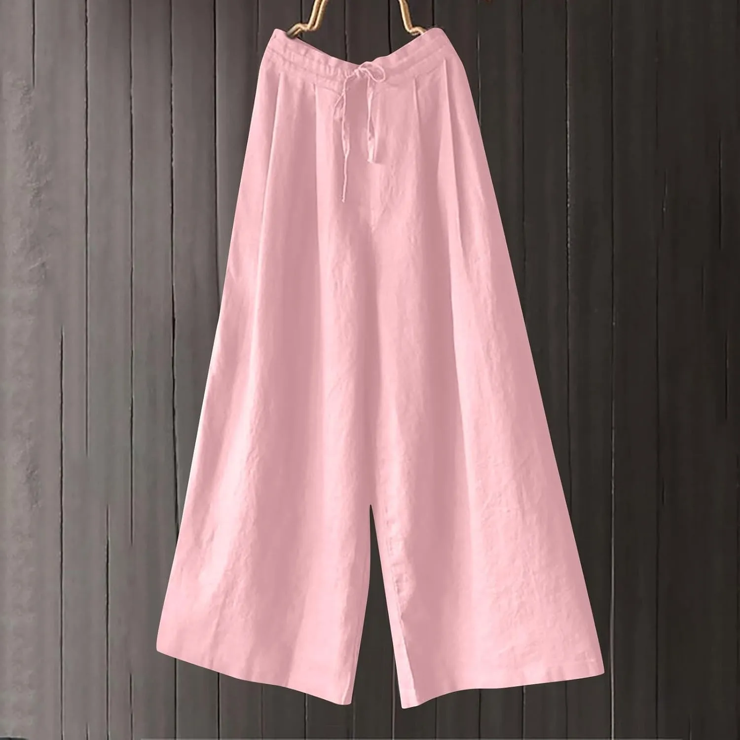 Women Wide Leg Casual Cotton Linen Pants, Solid Lightweight Breathable Summer Daily Clothes Drawstring Pockets Trousers
