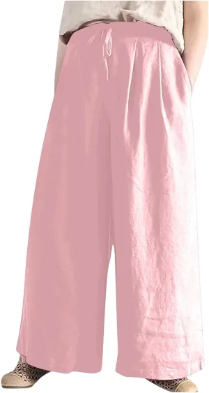 Women Wide Leg Casual Cotton Linen Pants, Solid Lightweight Breathable Summer Daily Clothes Drawstring Pockets Trousers