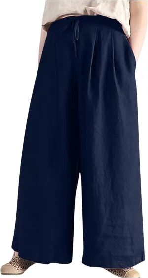 Women Wide Leg Casual Cotton Linen Pants, Solid Lightweight Breathable Summer Daily Clothes Drawstring Pockets Trousers