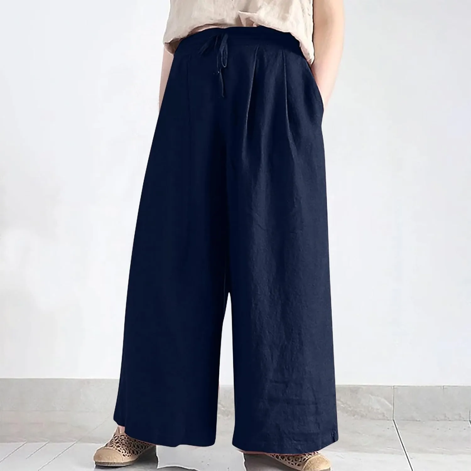 Women Wide Leg Casual Cotton Linen Pants, Solid Lightweight Breathable Summer Daily Clothes Drawstring Pockets Trousers