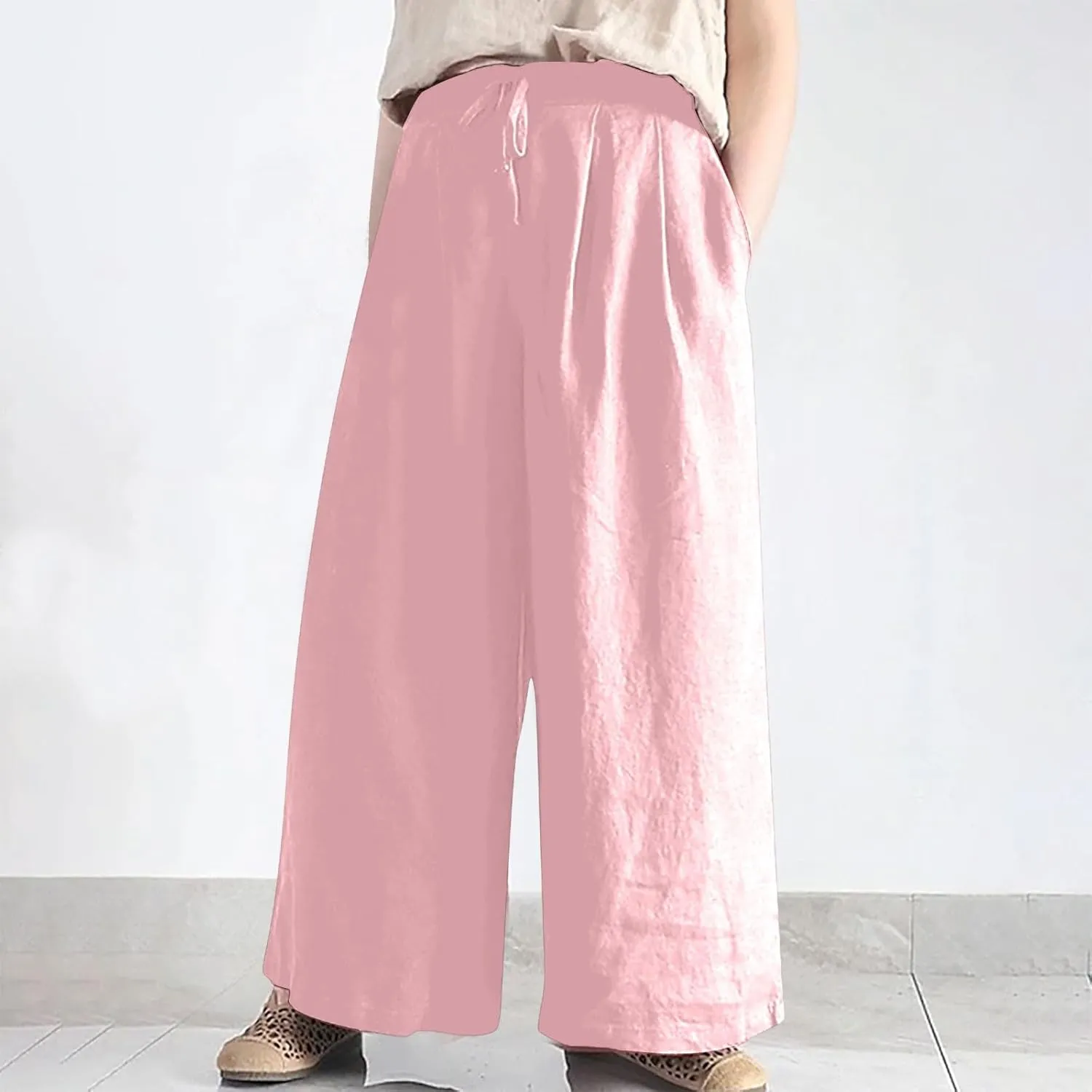 Women Wide Leg Casual Cotton Linen Pants, Solid Lightweight Breathable Summer Daily Clothes Drawstring Pockets Trousers
