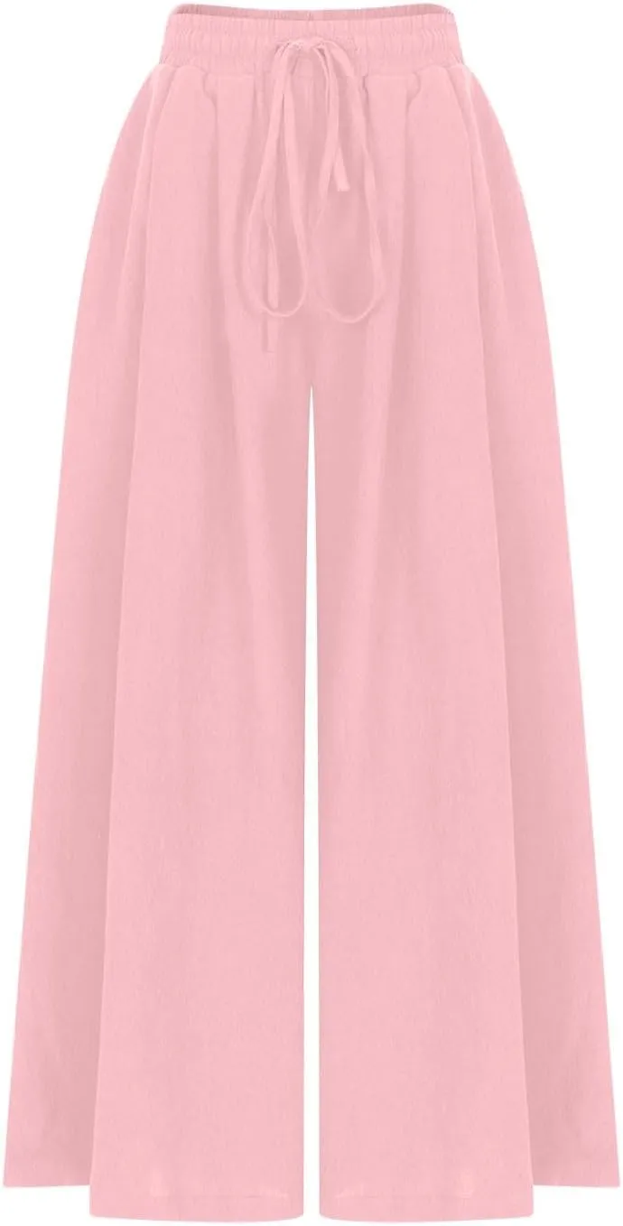 Women Wide Leg Casual Cotton Linen Pants, Solid Lightweight Breathable Summer Daily Clothes Drawstring Pockets Trousers