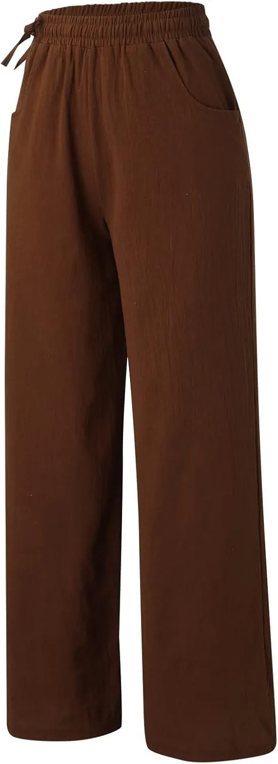 Women Wide Leg Flowy Pants Retro Summer Lightweight Cotton Linen Pants Loose High Waisted Beach Trousers with Pockets