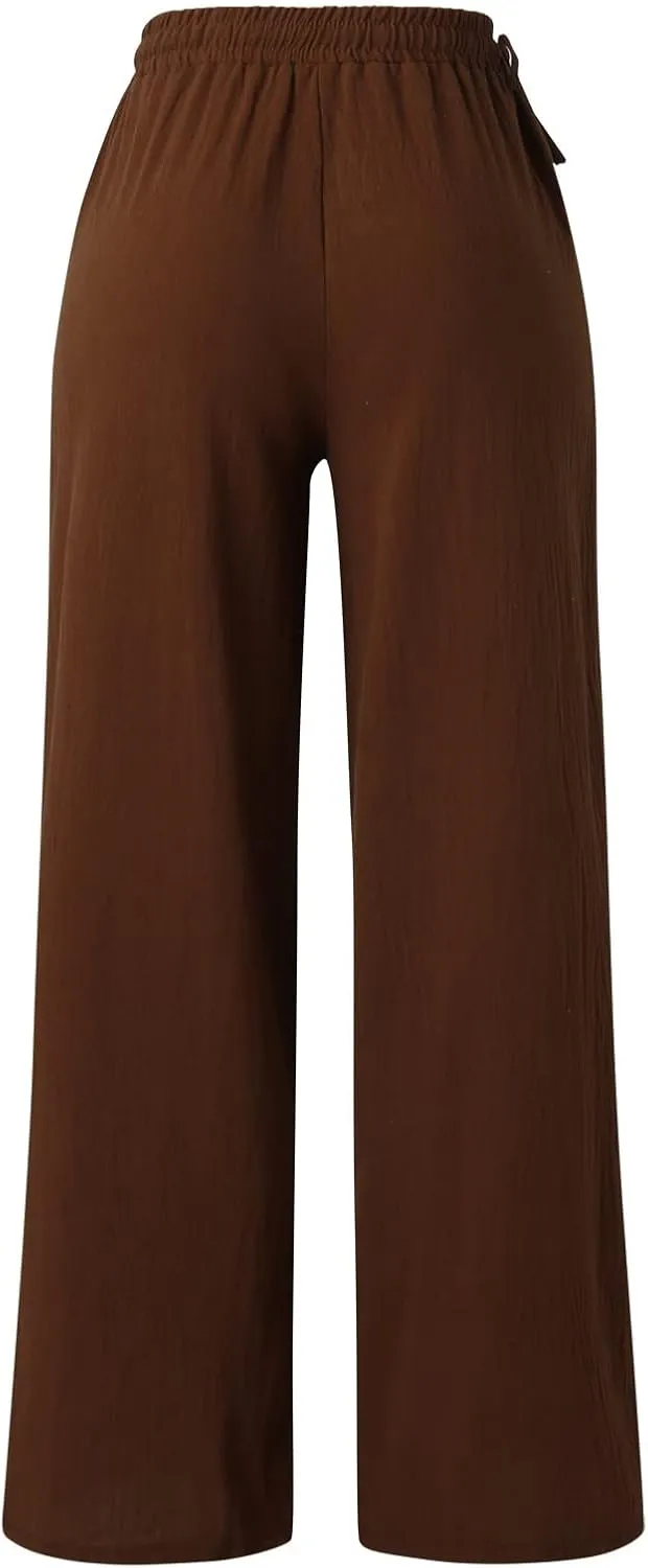 Women Wide Leg Flowy Pants Retro Summer Lightweight Cotton Linen Pants Loose High Waisted Beach Trousers with Pockets