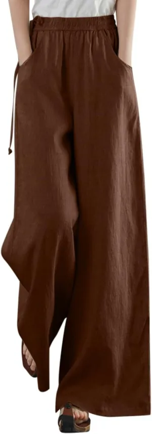 Women Wide Leg Flowy Pants Retro Summer Lightweight Cotton Linen Pants Loose High Waisted Beach Trousers with Pockets