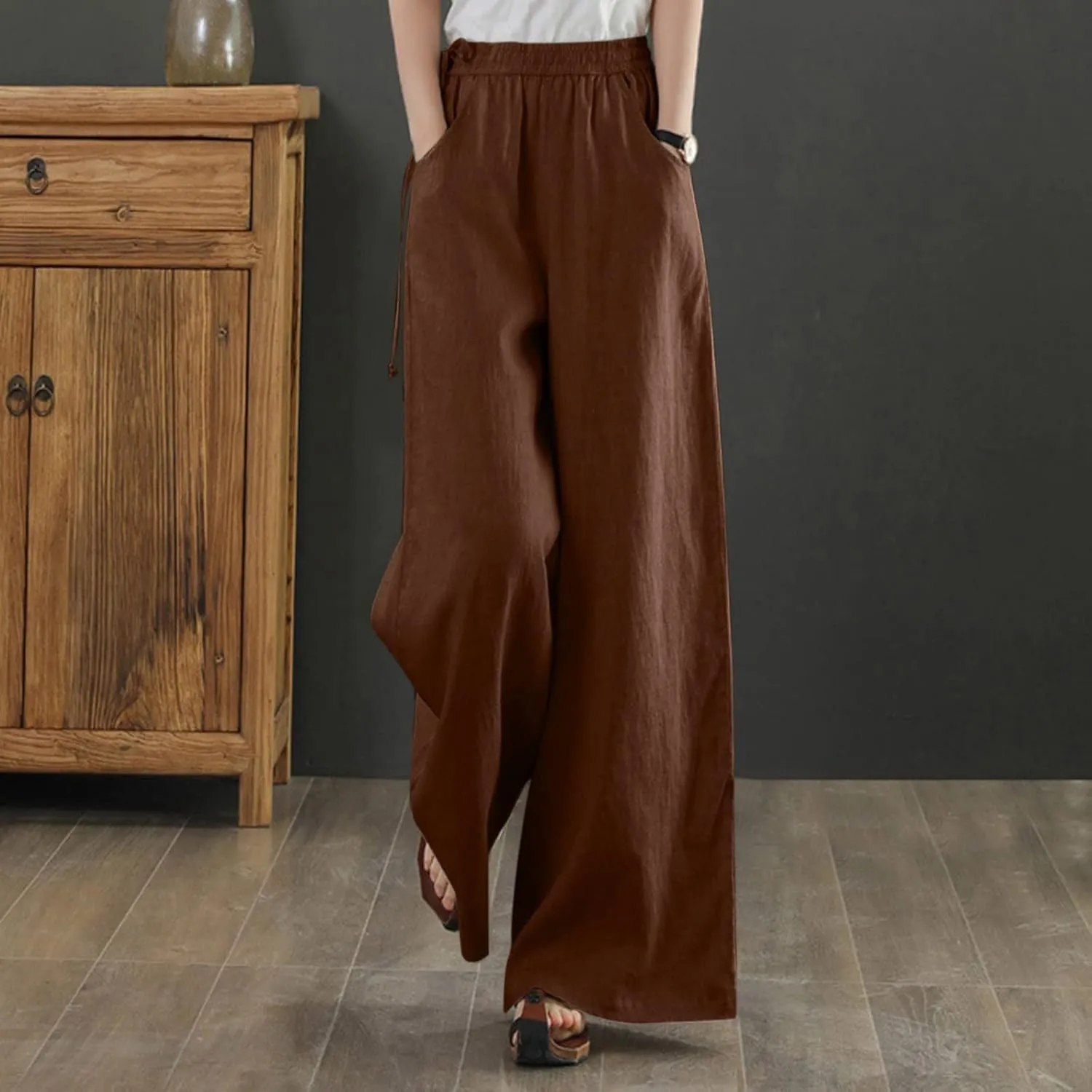 Women Wide Leg Flowy Pants Retro Summer Lightweight Cotton Linen Pants Loose High Waisted Beach Trousers with Pockets
