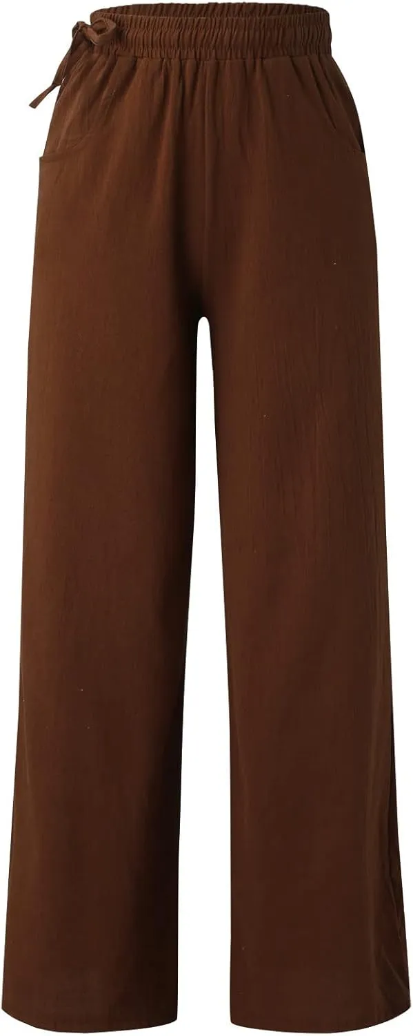 Women Wide Leg Flowy Pants Retro Summer Lightweight Cotton Linen Pants Loose High Waisted Beach Trousers with Pockets