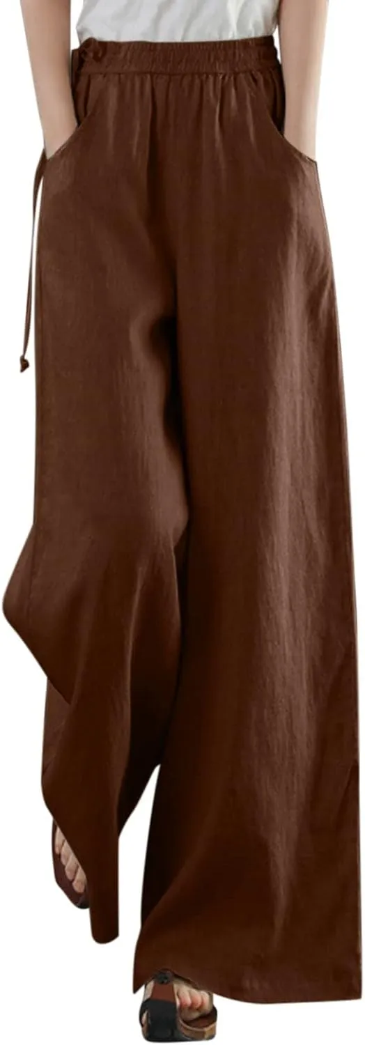 Women Wide Leg Flowy Pants Retro Summer Lightweight Cotton Linen Pants Loose High Waisted Beach Trousers with Pockets