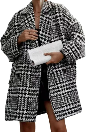 Women Winter Double Breasted Houndstooth Wool Coat Casual Loose Notch Lapel Plaid Long Trench Coat