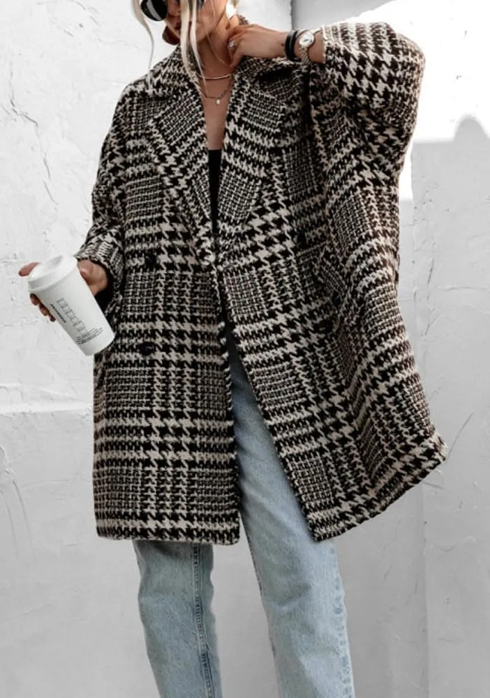 Women Winter Double Breasted Houndstooth Wool Coat Casual Loose Notch Lapel Plaid Long Trench Coat