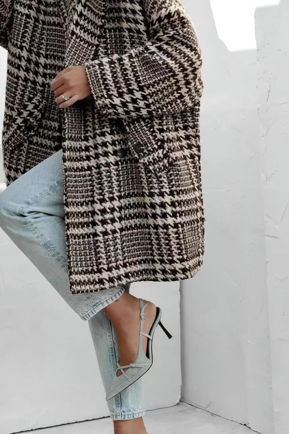 Women Winter Double Breasted Houndstooth Wool Coat Casual Loose Notch Lapel Plaid Long Trench Coat