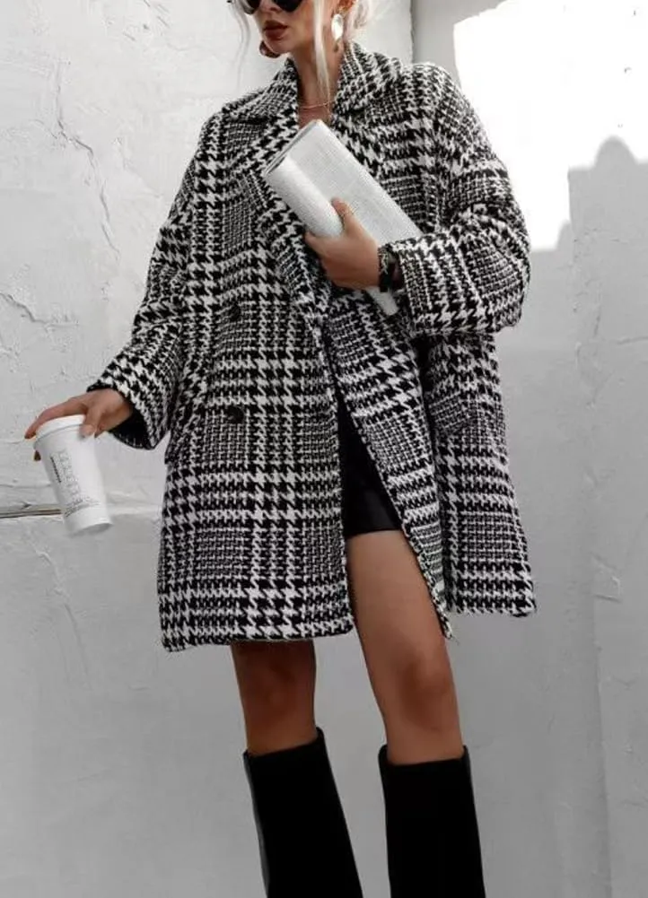 Women Winter Double Breasted Houndstooth Wool Coat Casual Loose Notch Lapel Plaid Long Trench Coat