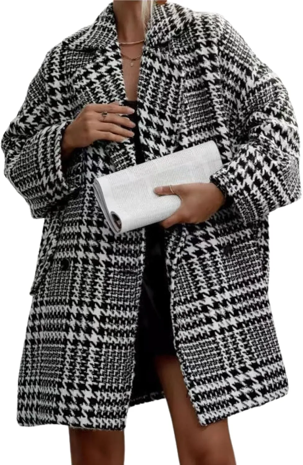 Women Winter Double Breasted Houndstooth Wool Coat Casual Loose Notch Lapel Plaid Long Trench Coat