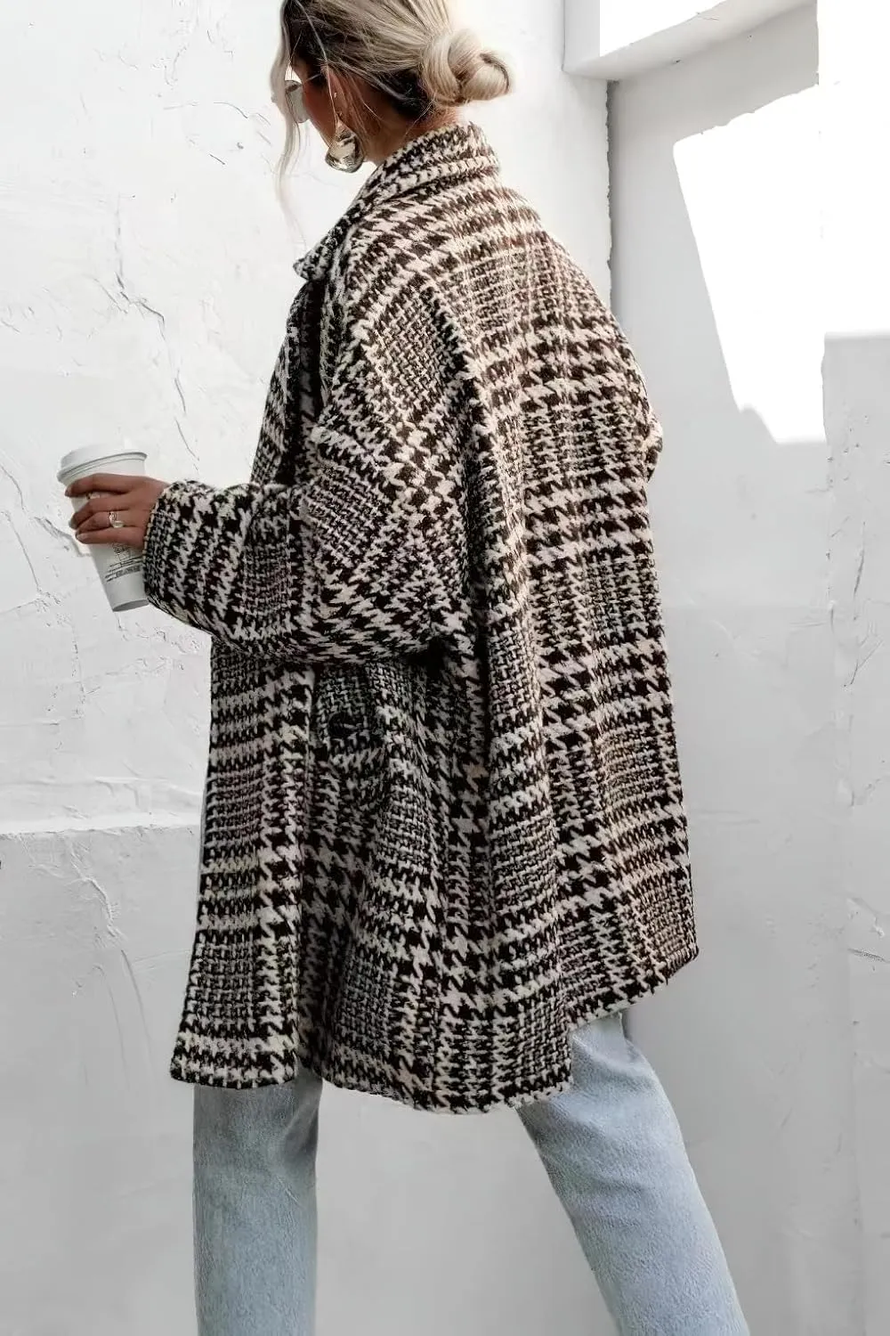 Women Winter Double Breasted Houndstooth Wool Coat Casual Loose Notch Lapel Plaid Long Trench Coat