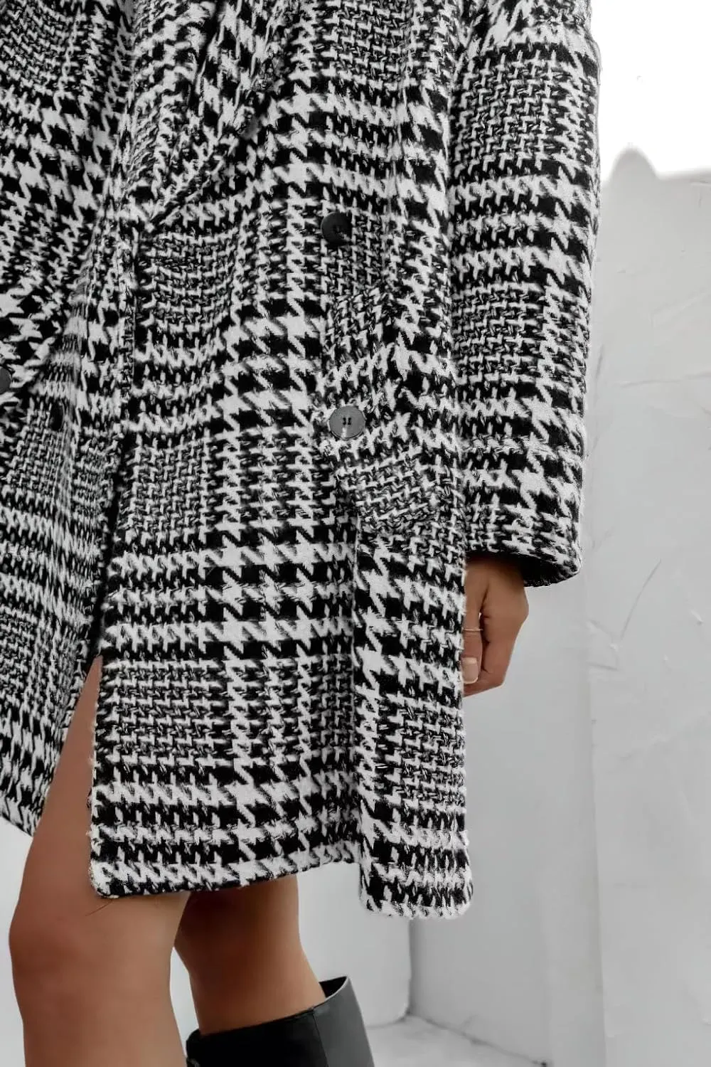 Women Winter Double Breasted Houndstooth Wool Coat Casual Loose Notch Lapel Plaid Long Trench Coat