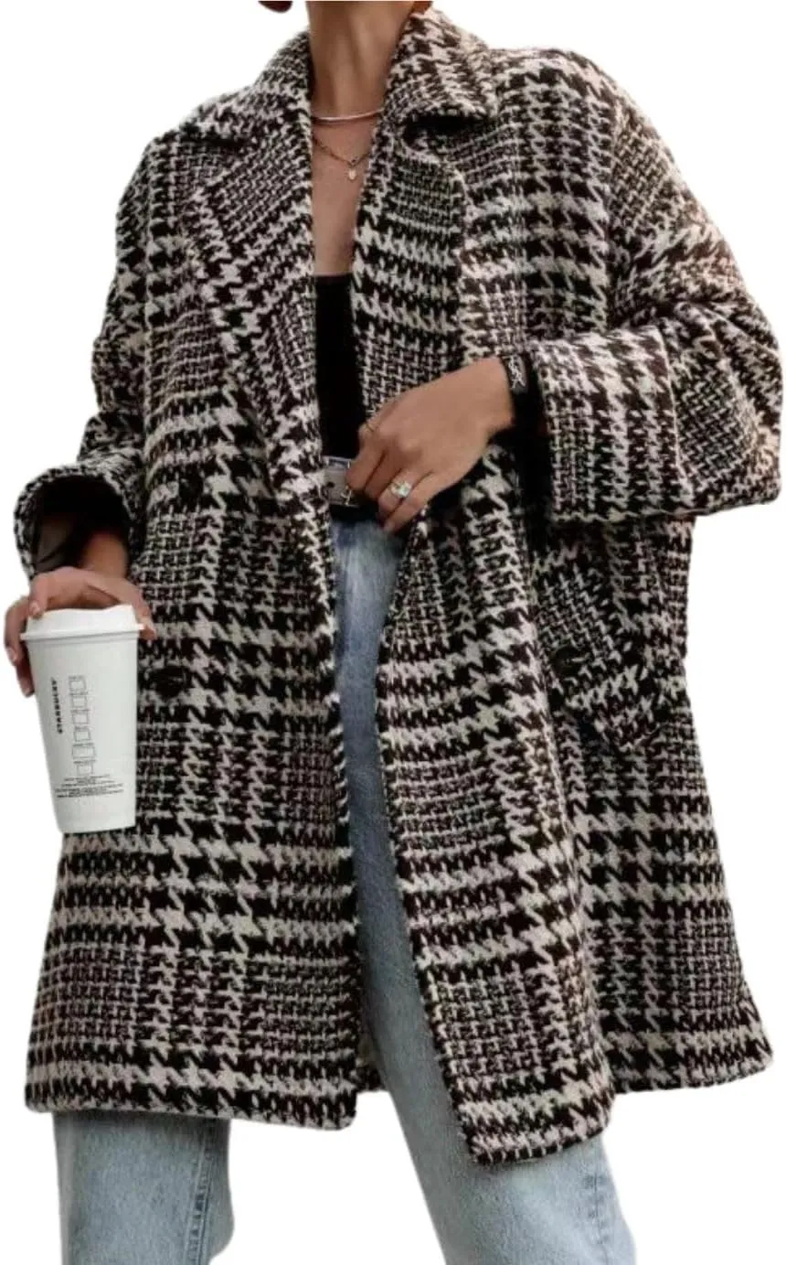 Women Winter Double Breasted Houndstooth Wool Coat Casual Loose Notch Lapel Plaid Long Trench Coat