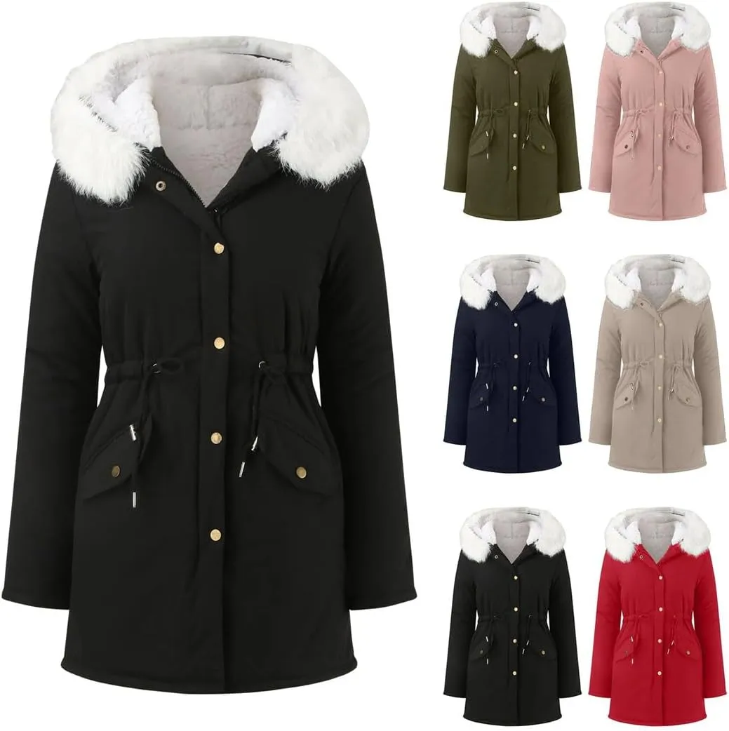 Women Winter Thicken Hooded Long Down Jacket Women Coat Slim Fit Cotton-Padded Fleece Coat