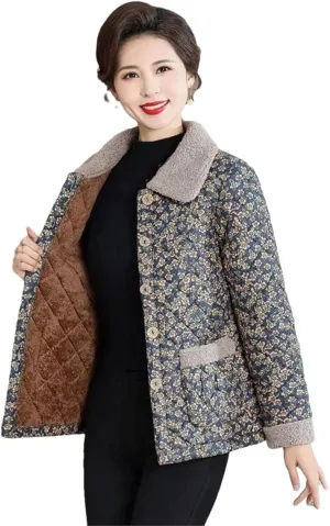 Women Winter Thicken Warm Cotton Padded Coat Middle Aged Elderly Mothers Lapel Flower Fleece Outwear