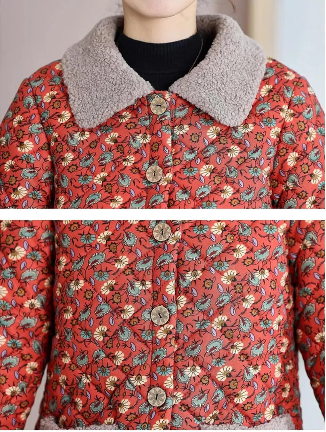 Women Winter Thicken Warm Cotton Padded Coat Middle Aged Elderly Mothers Lapel Flower Fleece Outwear