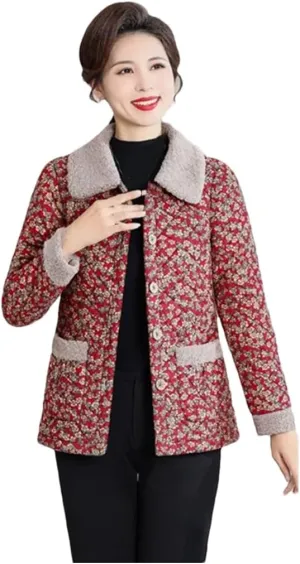 Women Winter Thicken Warm Cotton Padded Coat Middle Aged Elderly Mothers Lapel Flower Fleece Outwear