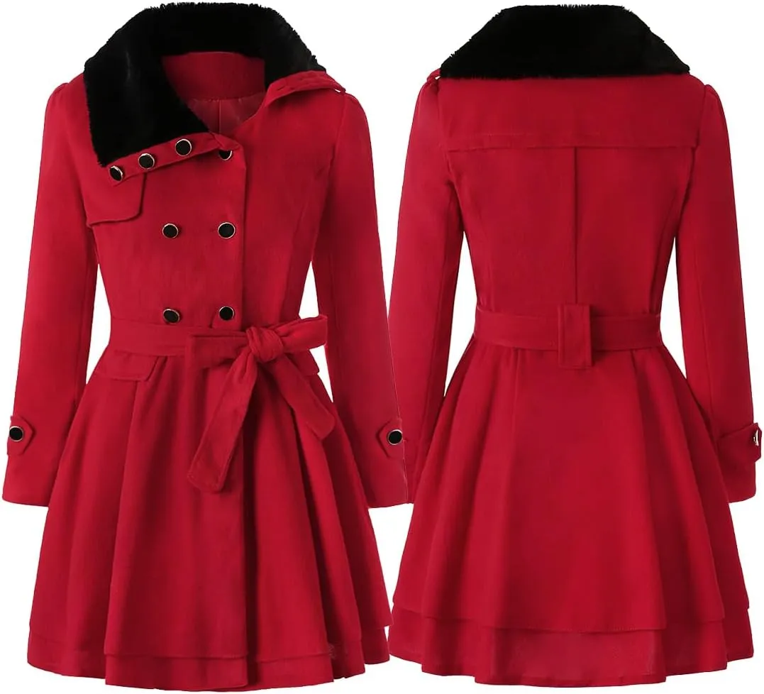 Women Winter Warm Coat Double Breasted Trench Long Sleeve Peacoat Faux Fur Collar Lapel Flared Hem Belted Jacket