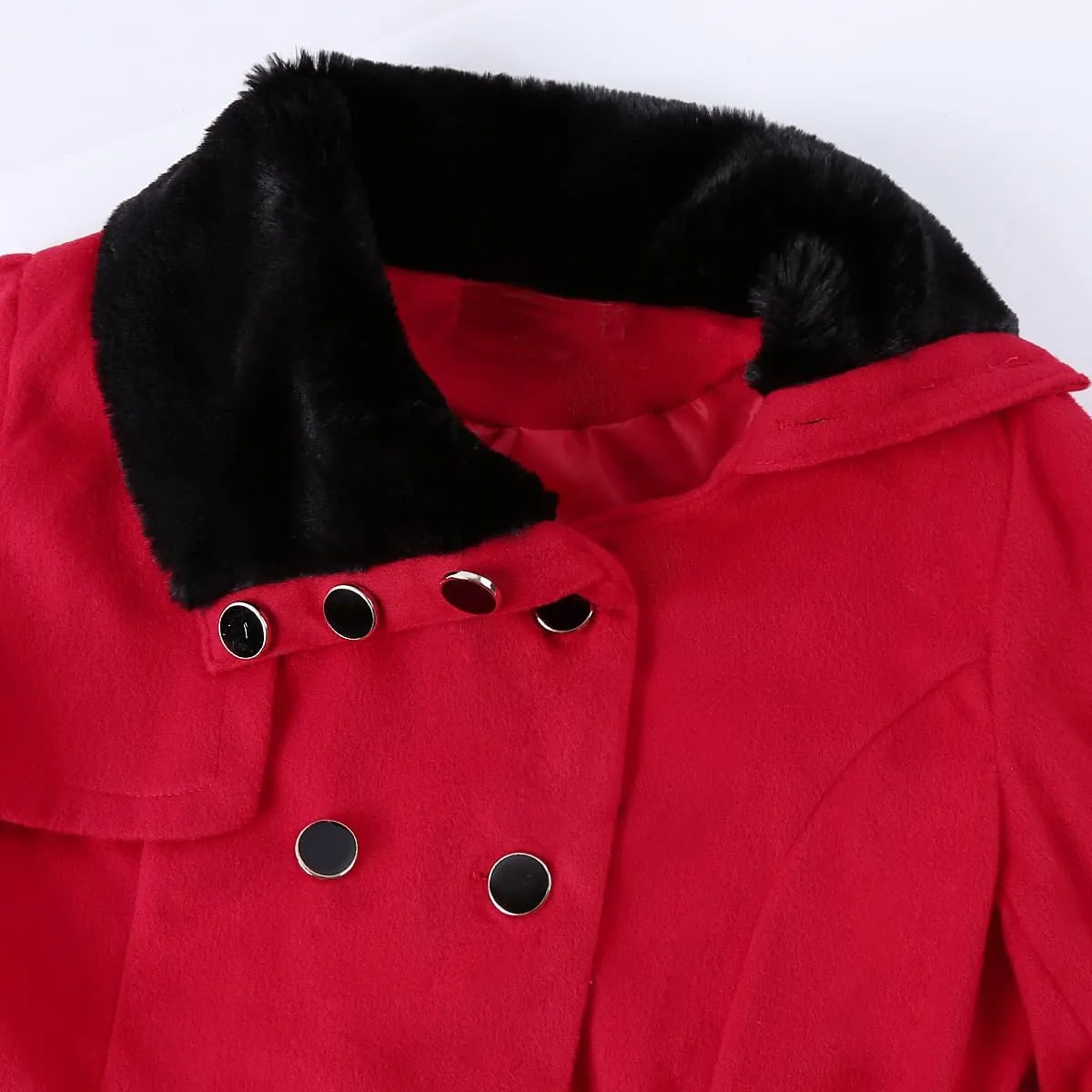 Women Winter Warm Coat Double Breasted Trench Long Sleeve Peacoat Faux Fur Collar Lapel Flared Hem Belted Jacket