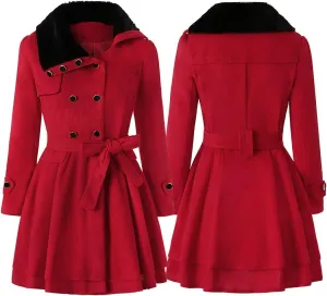 Women Winter Warm Coat Double Breasted Trench Long Sleeve Peacoat Faux Fur Collar Lapel Flared Hem Belted Jacket