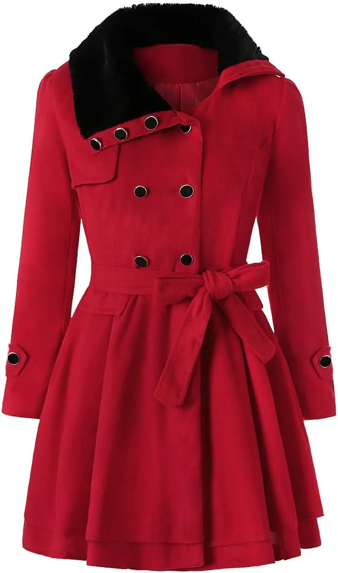 Women Winter Warm Coat Double Breasted Trench Long Sleeve Peacoat Faux Fur Collar Lapel Flared Hem Belted Jacket