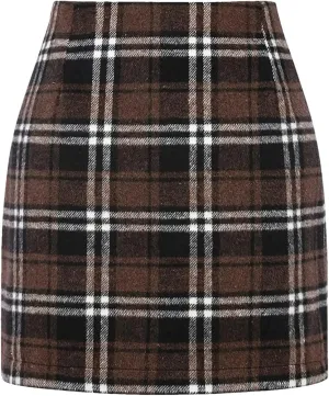 Women Wool Plaid Mini Skirt High Waist Vintage Office Lady Slim Short Pencil Skirts