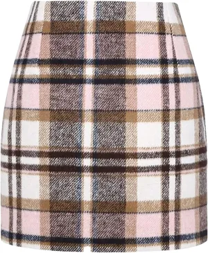 Women Wool Plaid Mini Skirt High Waist Vintage Office Lady Slim Short Pencil Skirts
