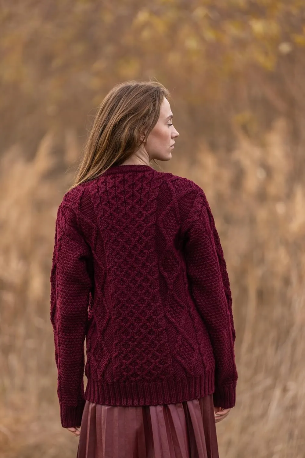 Women Wool Sweater Cable Knit Fisherman Pullover - 100% Virgin Wool, Made in Ireland
