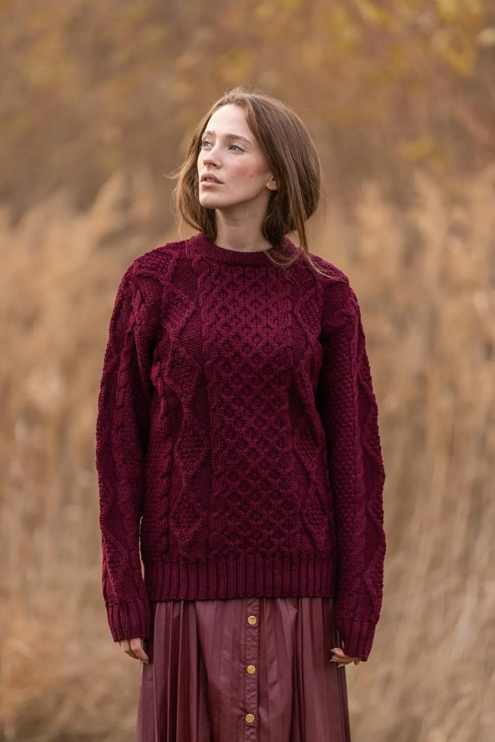 Women Wool Sweater Cable Knit Fisherman Pullover - 100% Virgin Wool, Made in Ireland