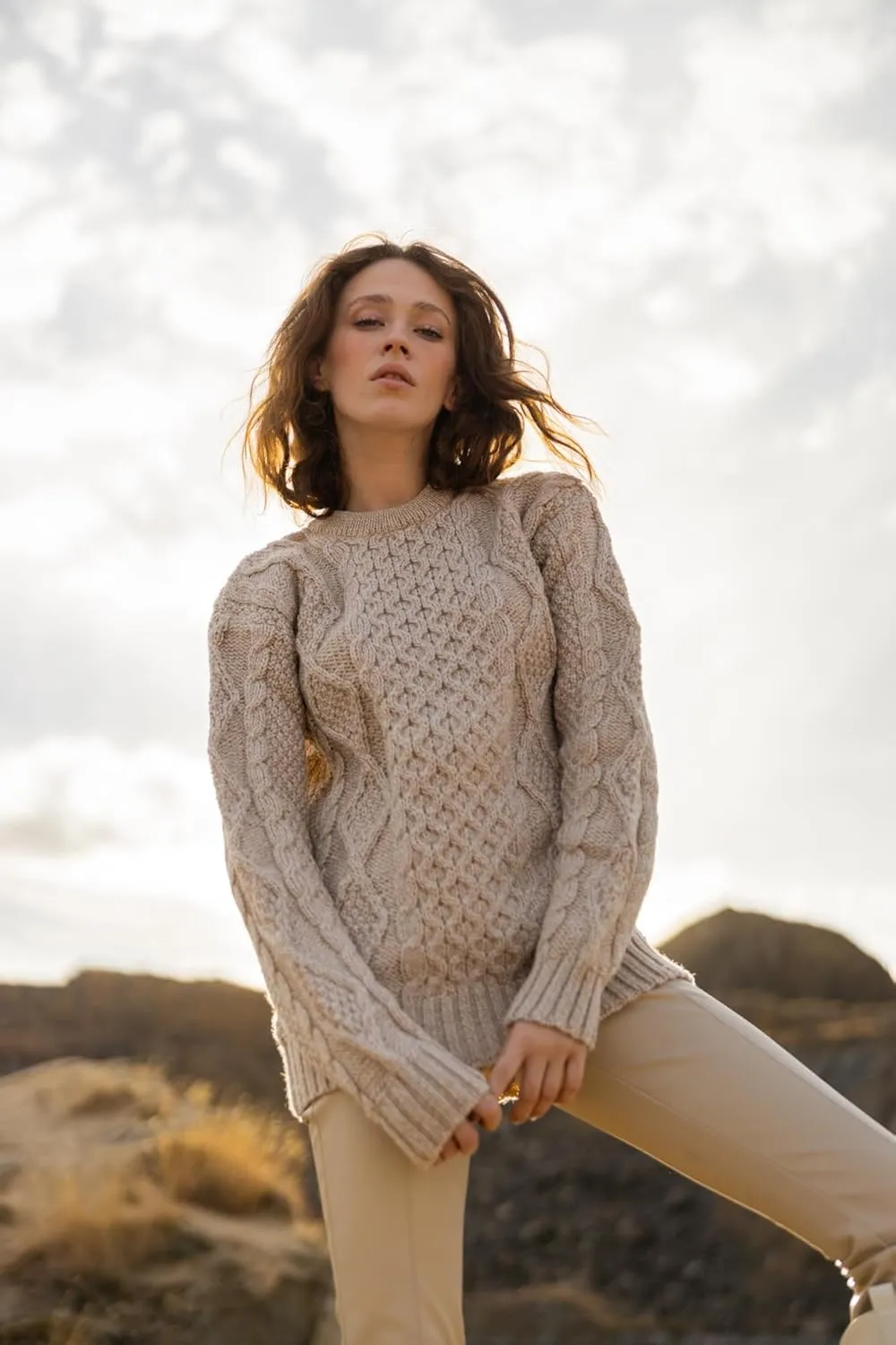 Women Wool Sweater Cable Knit Fisherman Pullover - 100% Virgin Wool, Made in Ireland