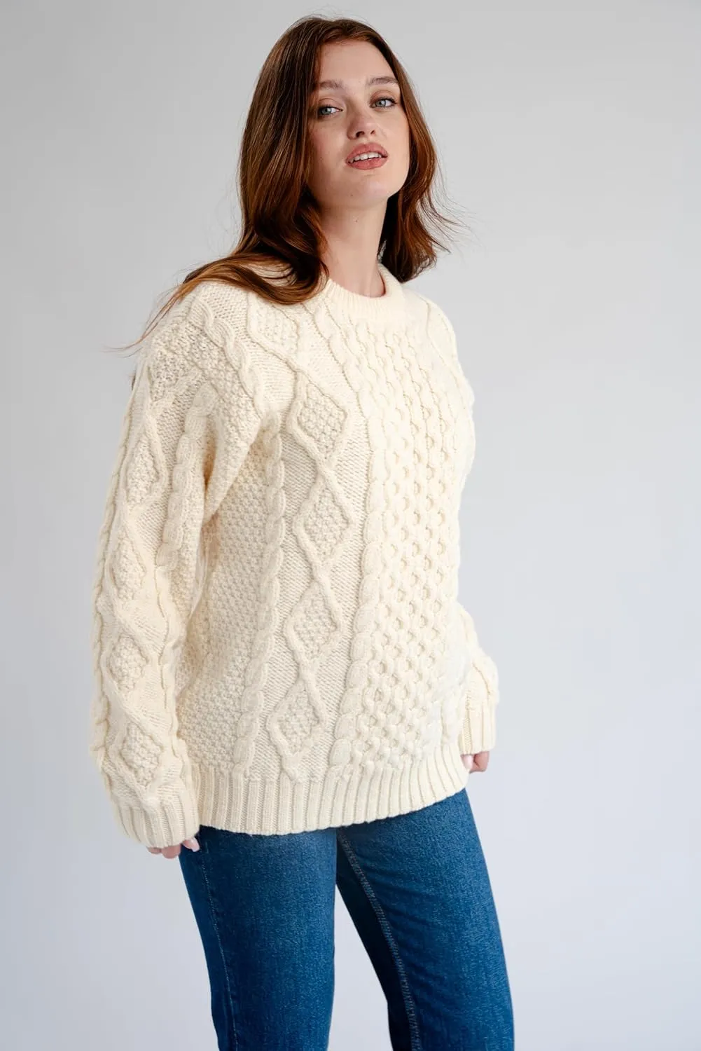 Women Wool Sweater Cable Knit Fisherman Pullover - 100% Virgin Wool, Made in Ireland