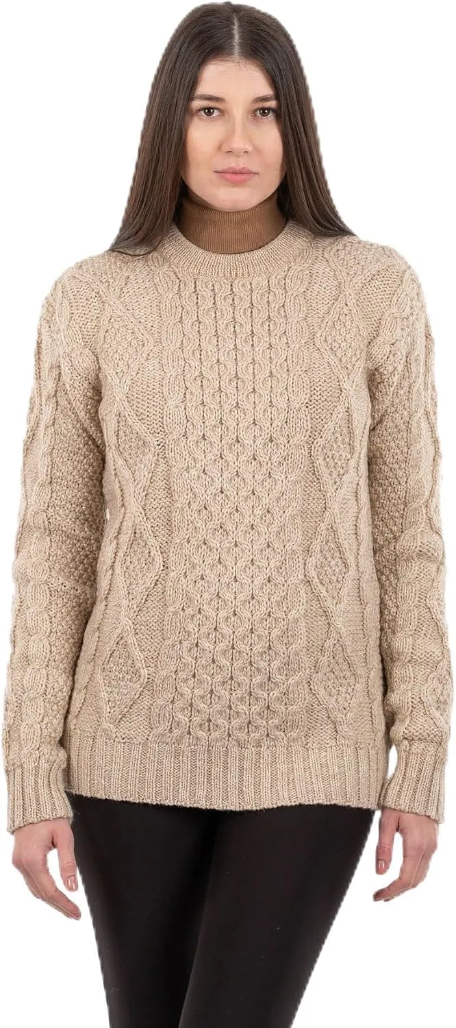 Women Wool Sweater Cable Knit Fisherman Pullover - 100% Virgin Wool, Made in Ireland