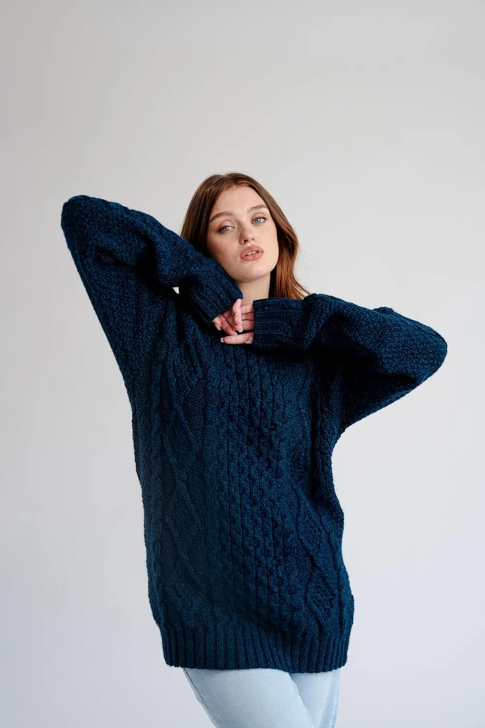 Women Wool Sweater Cable Knit Fisherman Pullover - 100% Virgin Wool, Made in Ireland