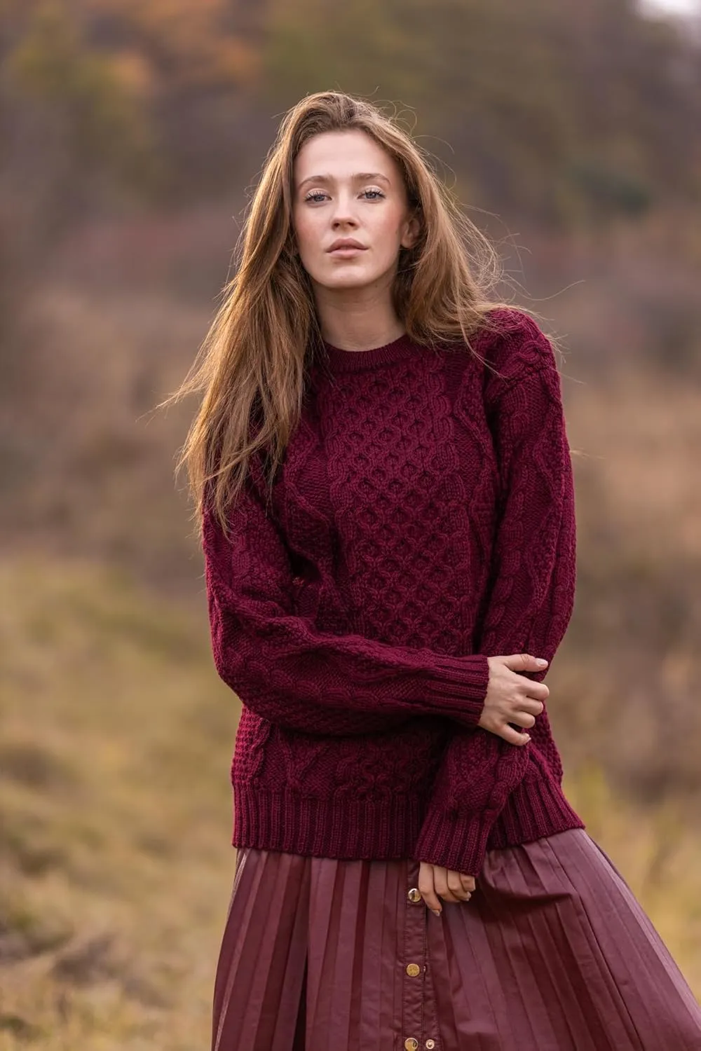 Women Wool Sweater Cable Knit Fisherman Pullover - 100% Virgin Wool, Made in Ireland