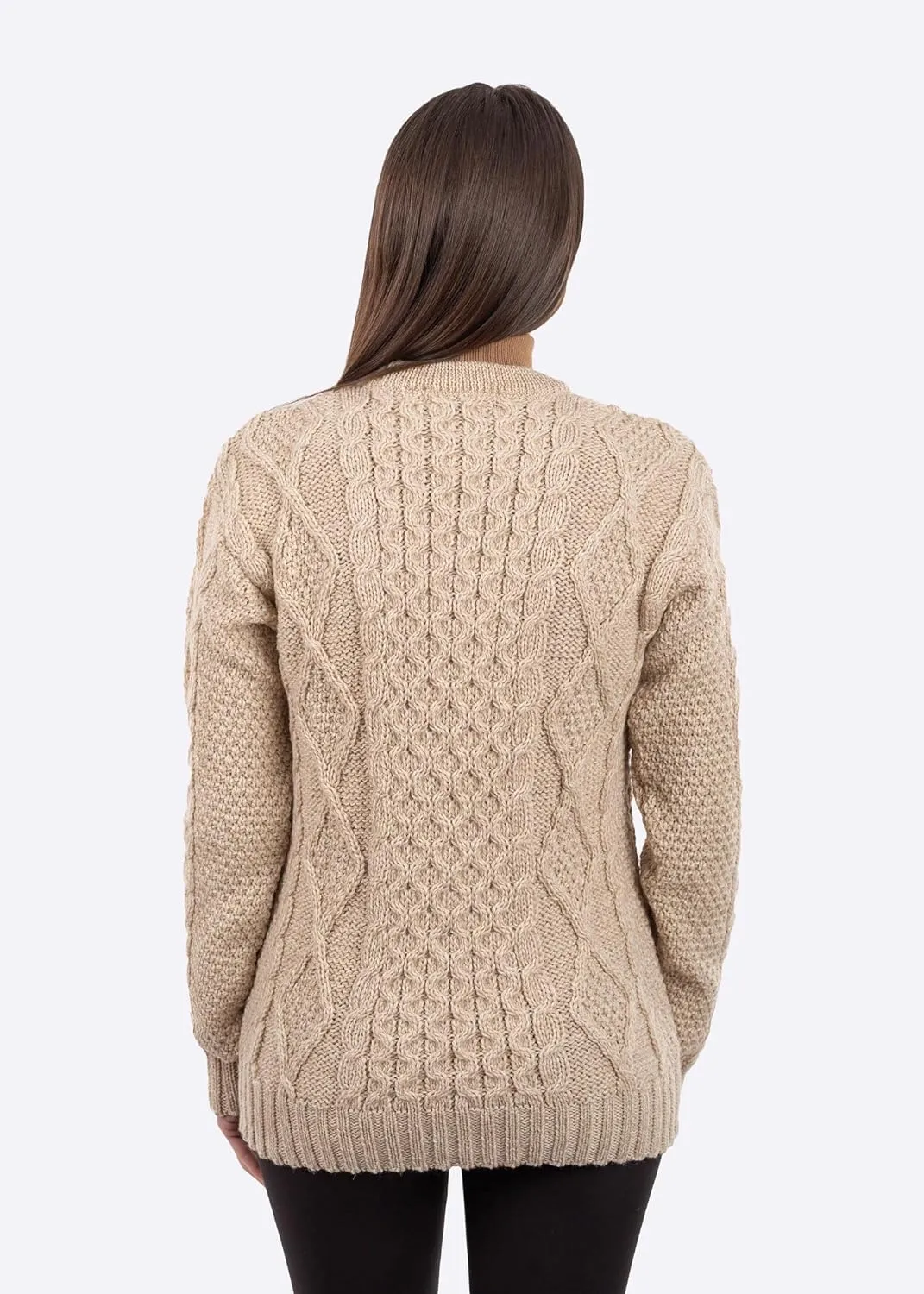 Women Wool Sweater Cable Knit Fisherman Pullover - 100% Virgin Wool, Made in Ireland