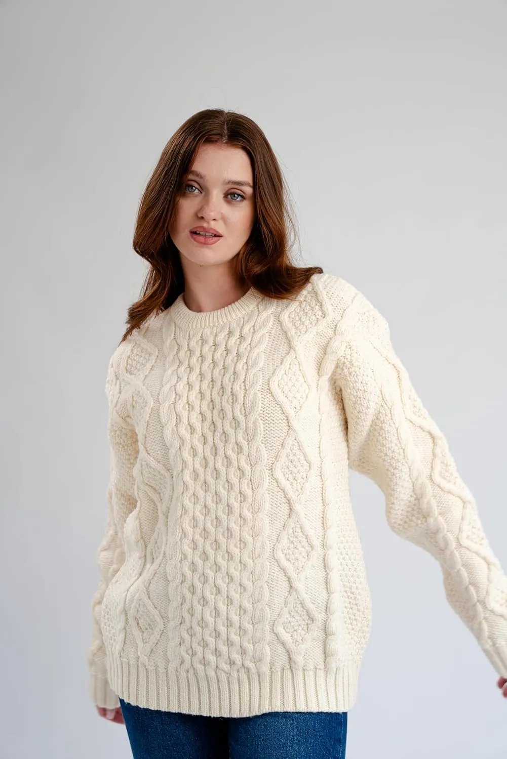 Women Wool Sweater Cable Knit Fisherman Pullover - 100% Virgin Wool, Made in Ireland