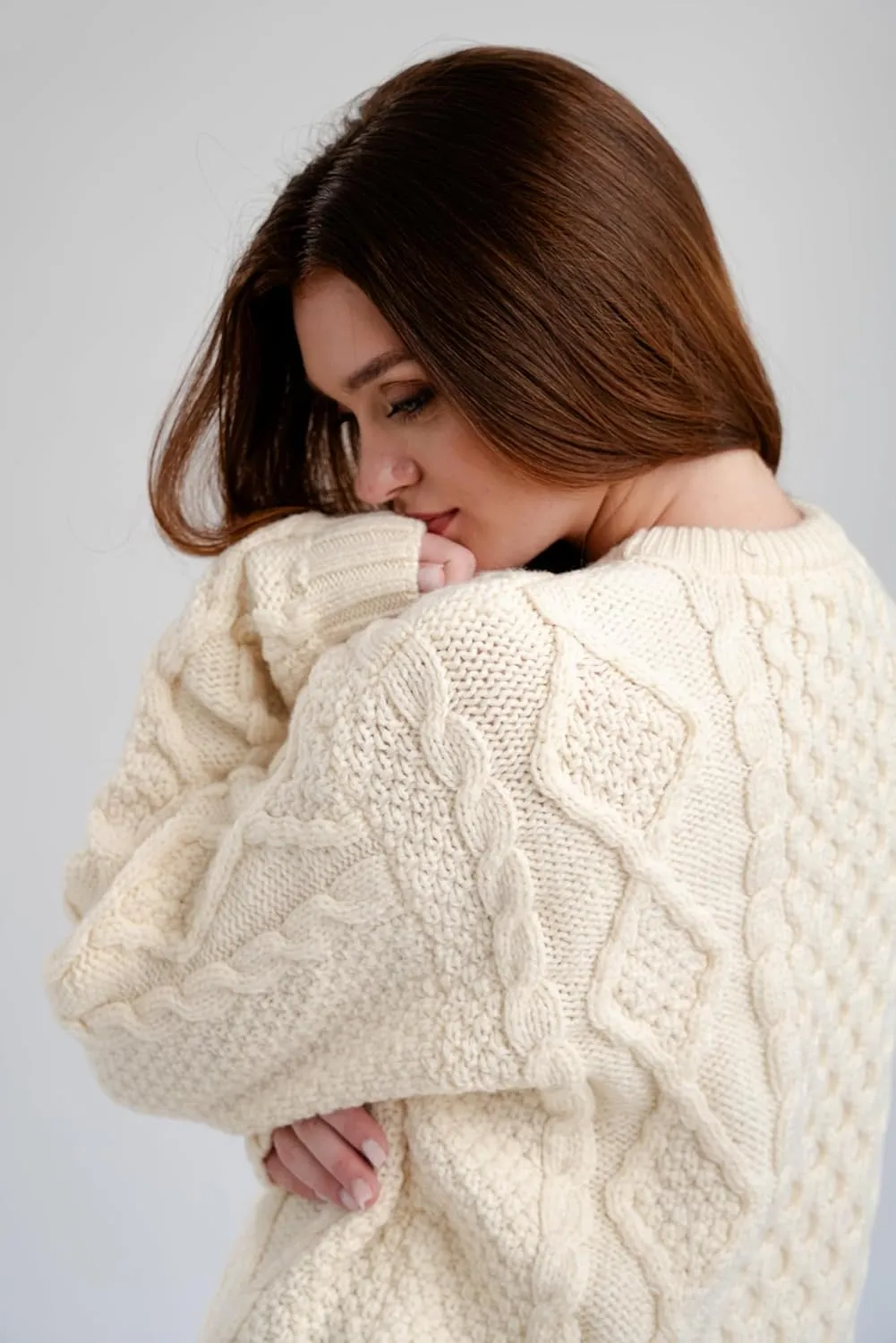 Women Wool Sweater Cable Knit Fisherman Pullover - 100% Virgin Wool, Made in Ireland