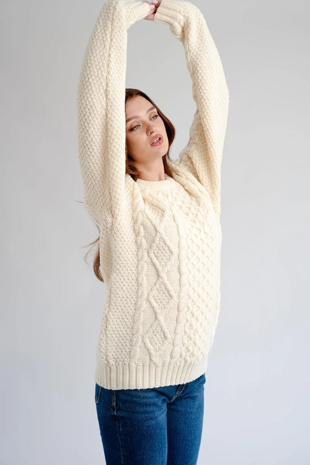 Women Wool Sweater Cable Knit Fisherman Pullover - 100% Virgin Wool, Made in Ireland