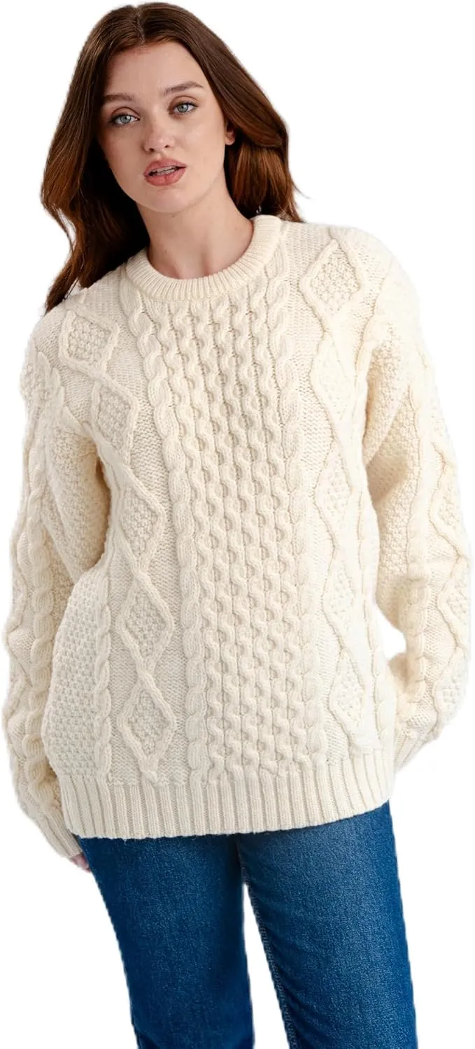 Women Wool Sweater Cable Knit Fisherman Pullover - 100% Virgin Wool, Made in Ireland