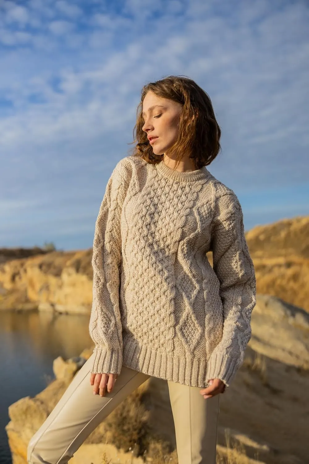 Women Wool Sweater Cable Knit Fisherman Pullover - 100% Virgin Wool, Made in Ireland