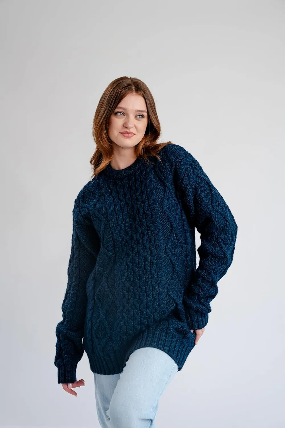 Women Wool Sweater Cable Knit Fisherman Pullover - 100% Virgin Wool, Made in Ireland