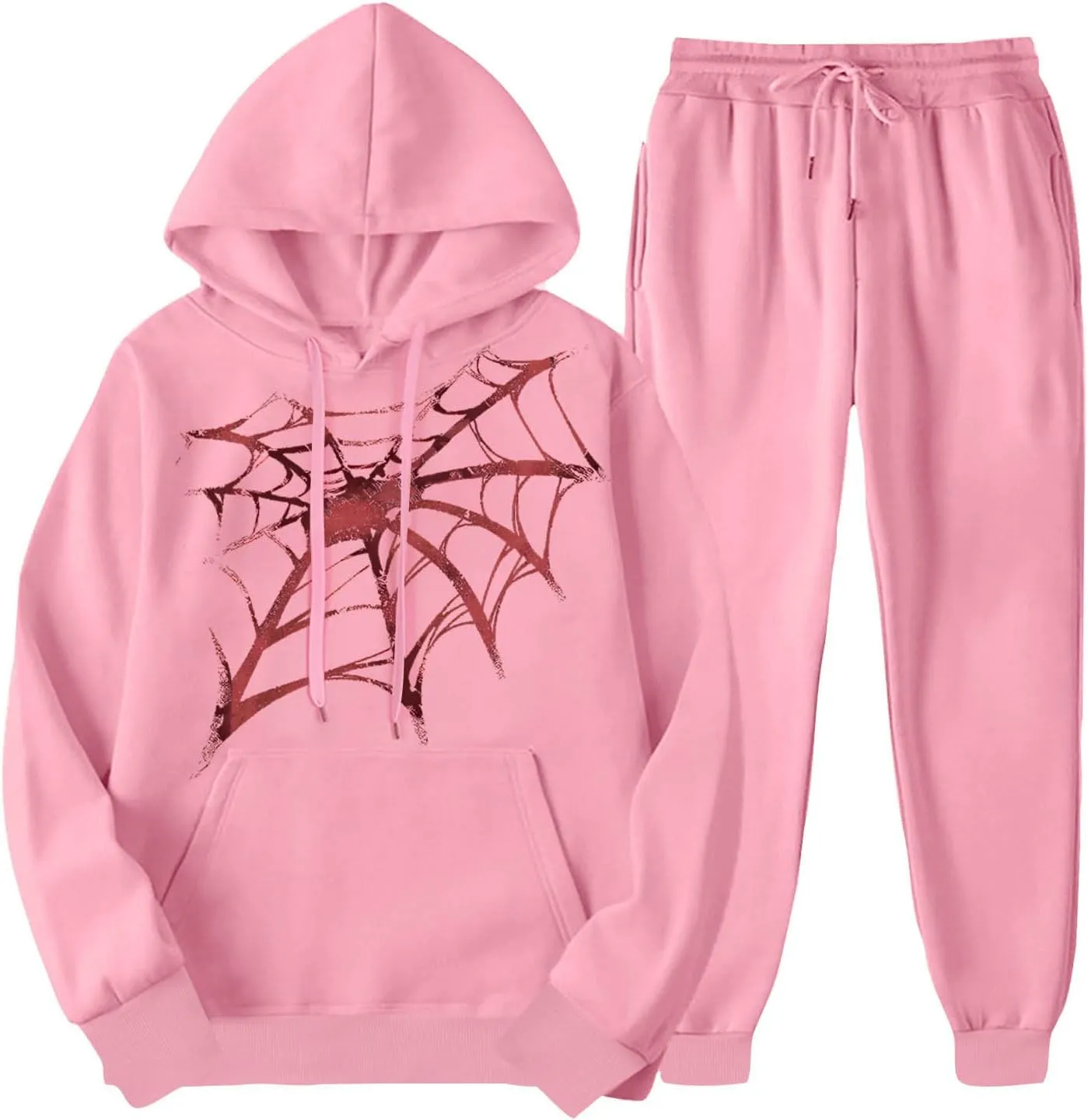 Women Y2k Sweatsuits Spider Web Hoodies Vintage Oversized Long Sleeve Sweatshirt and Pant Teen Girls Cute Streetwear